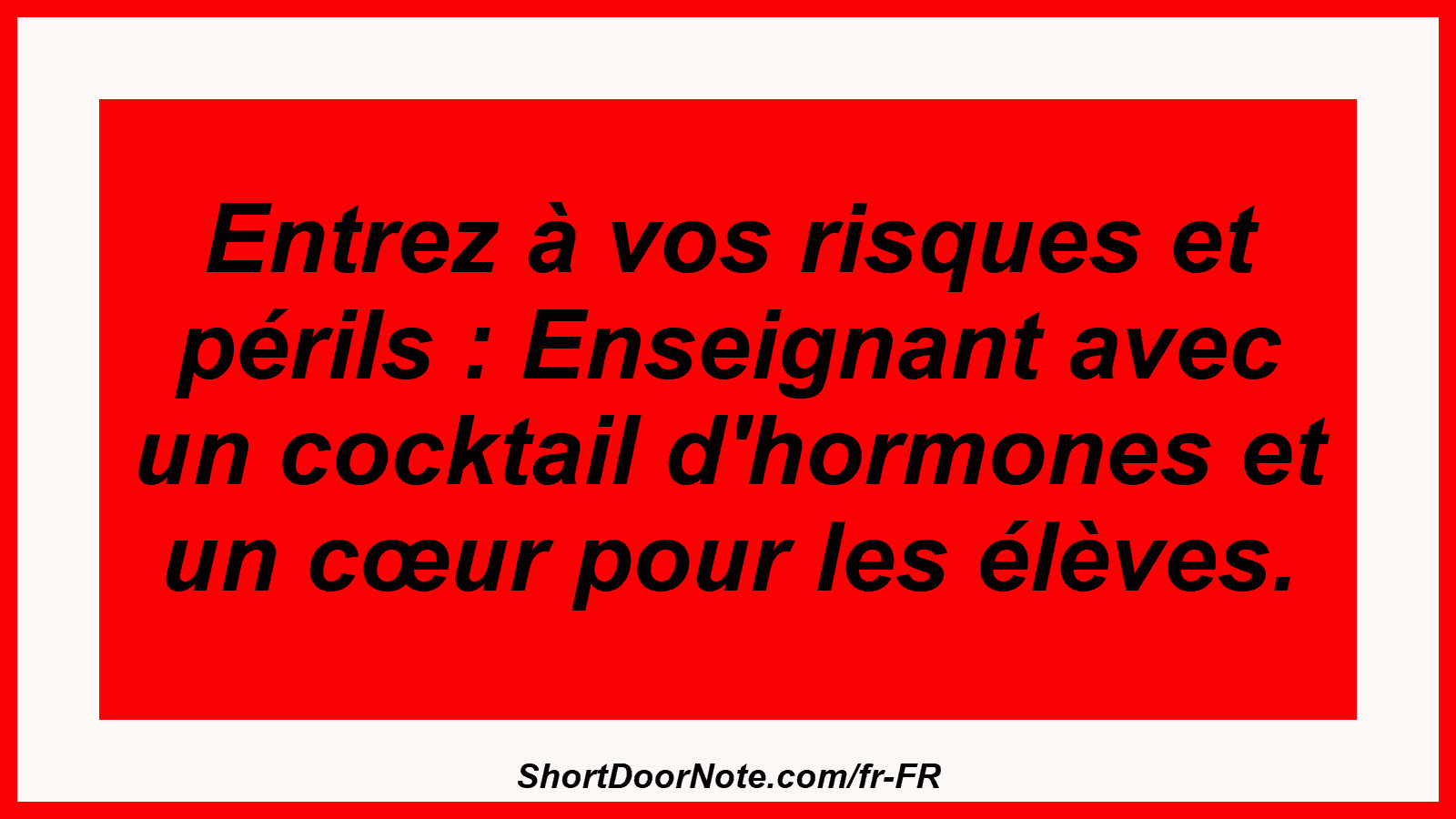 Entrez à vos risques et périls : Enseignant avec un cocktail d'hormones et un cœur pour les élèves.
